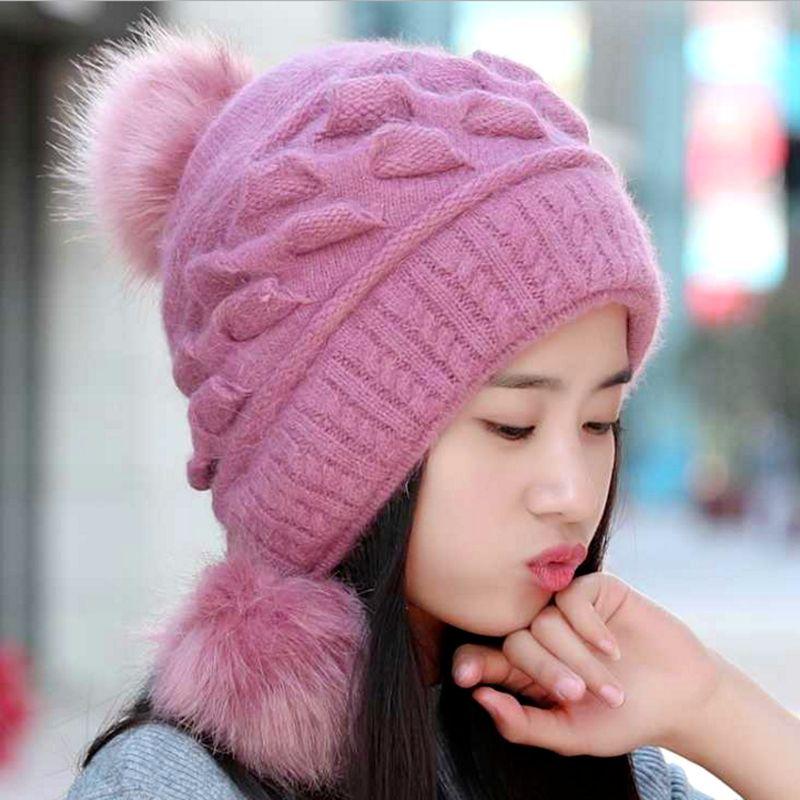 Women Girls Hat Autumn Winter New Padded Rabbit Hair Cap Solid Color Double Thickened Cute Ear Protection Wave Knitting Pattern Warm Hat