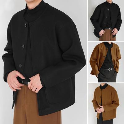 Men Woolen Coat Round Neck Long Sleeve Single Breasted Regular Fit Solid Color Jacket with Pockets Winter Overcoat