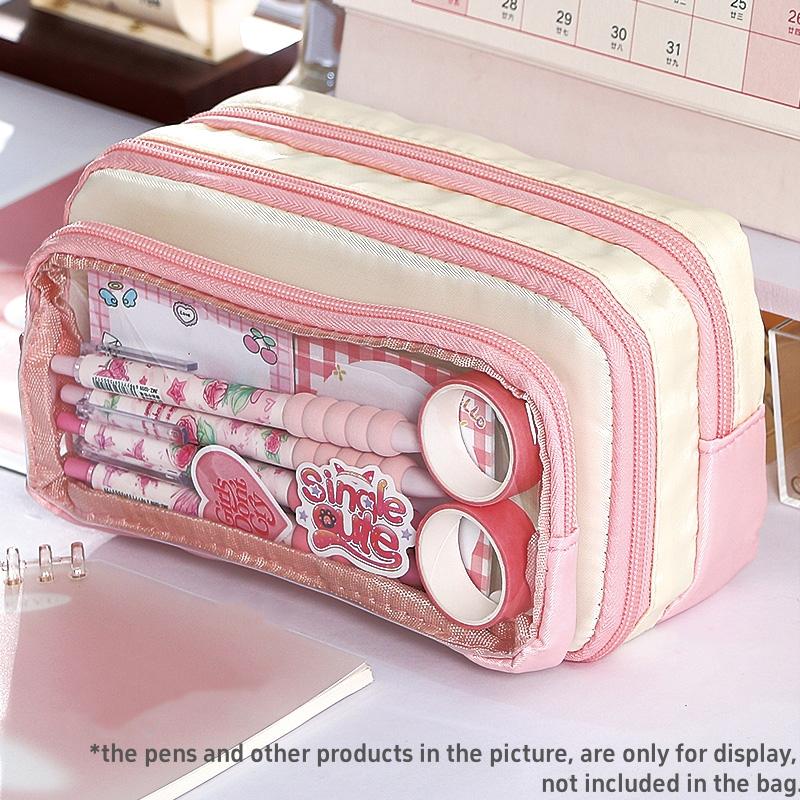 

1 шт. Съемный пенал с цветными блоками, сумка для ручек, прозрачный передний карман, кремовые цвета, большой вместительный чехол для хранения