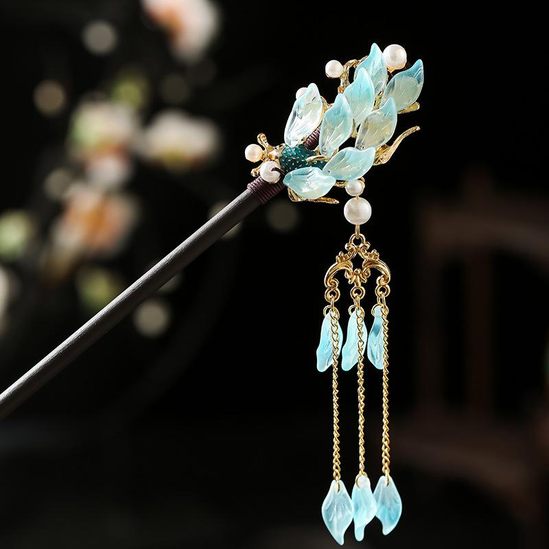 1 Stück Glas Fisch Haarnadel Antiker Kopfschmuck Sandelholz Haarnadel Frische Blütenblatt Haarnadel Neuer Chinesischer Stil Blütenblatt Quaste Haarnadel