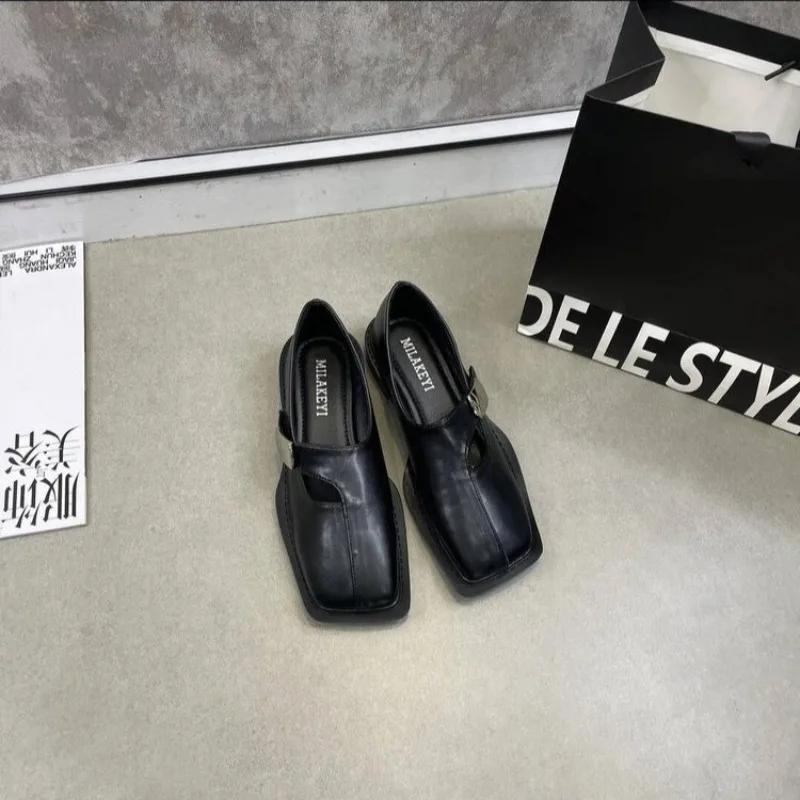 Womens Derby Shoes Square Toe Female Footwear Leather Comfortable On Heels Dress New High Mary Janes Pumps Shoes Woman Flats Squ