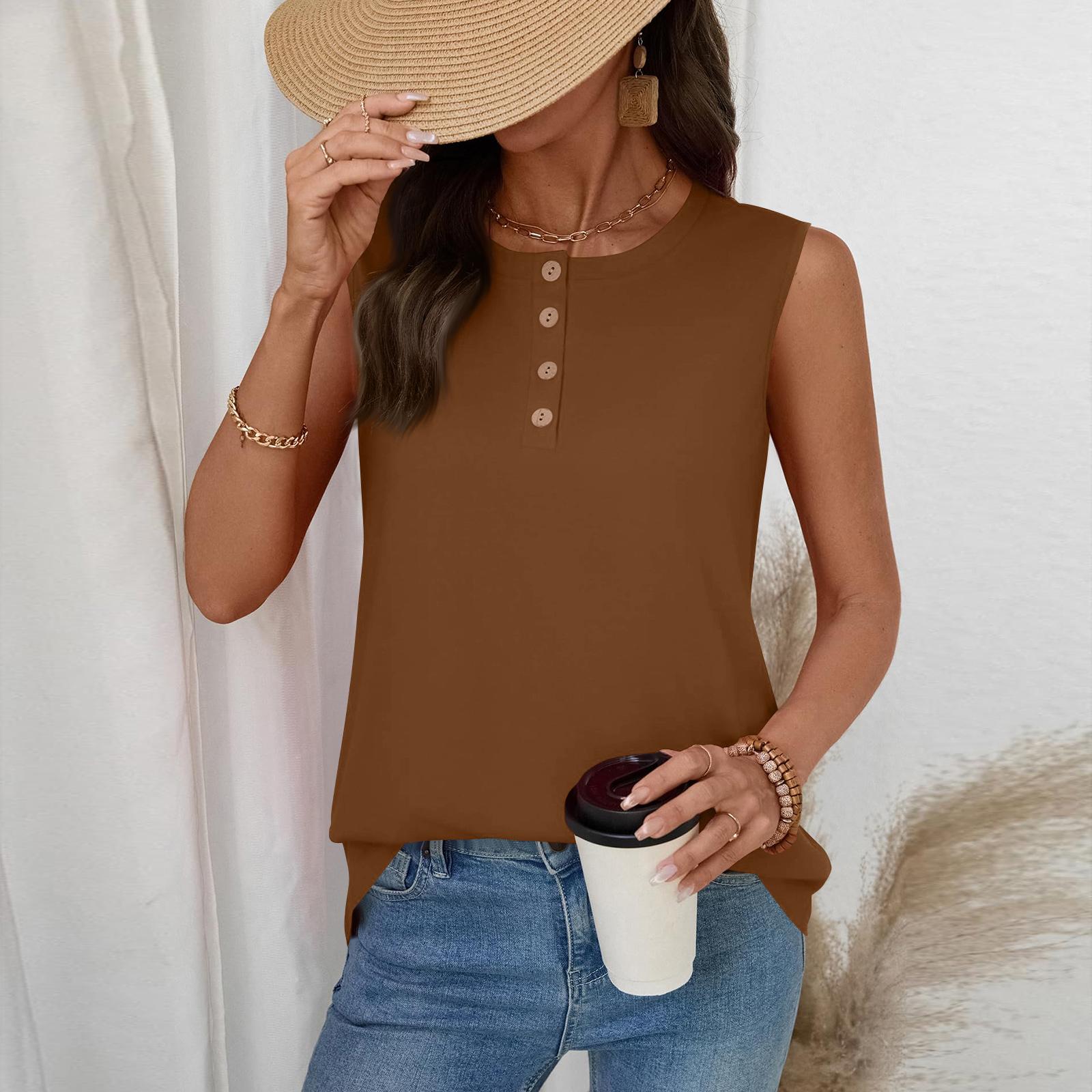 

Women s Casual Fashion Button-Up Round Neck Sleeveless T-Shirt Vest XXL коричневый