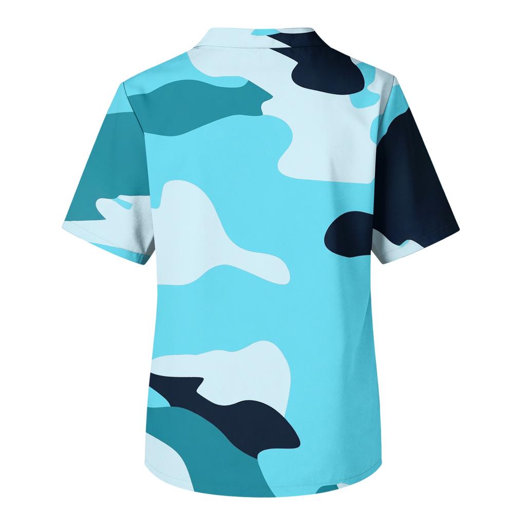 Mens Short Sleeve V Neck Scrub Top Camouflage Printed Pullover Uniform Shirt with Chest Pocket for