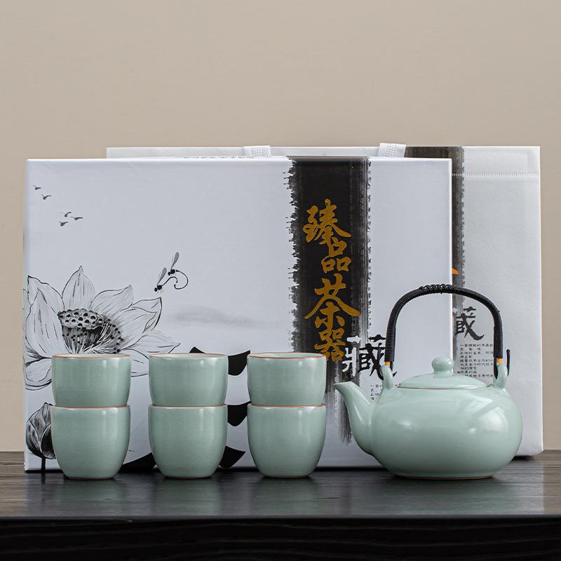 Новый Рукильянский Балочный Горшок Чайный Набор Домашний Китайский Большой Прохладный Чайник Чайник Керамические Подарки 7-head opening piece lifting beam set - green