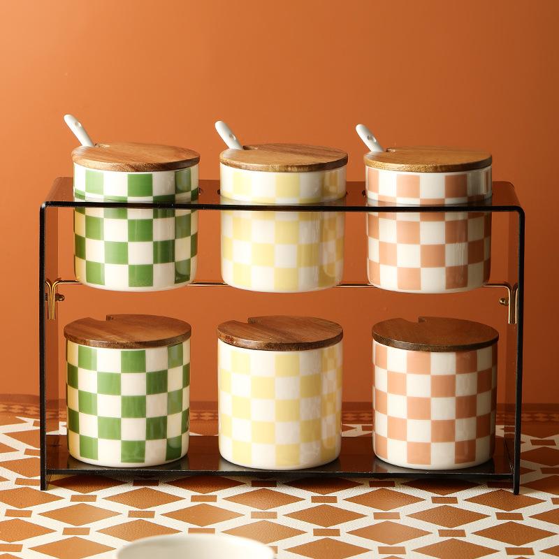 Home Ceramic Checkerboard Seasoning Jar Set Acrylic Storage Rack Seasoning Jar Combination Light Luxury Seasoning Box with Cover