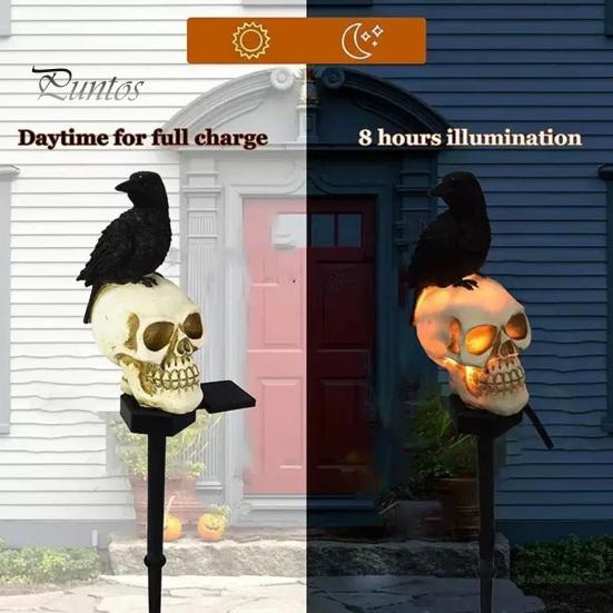 Horror Themed Yard Landscape Ornaments LED Solar Crow Skull Light, Waterproof Halloween Pathway Gothic Decorative Stakes for Flowerbeds on Skeleton