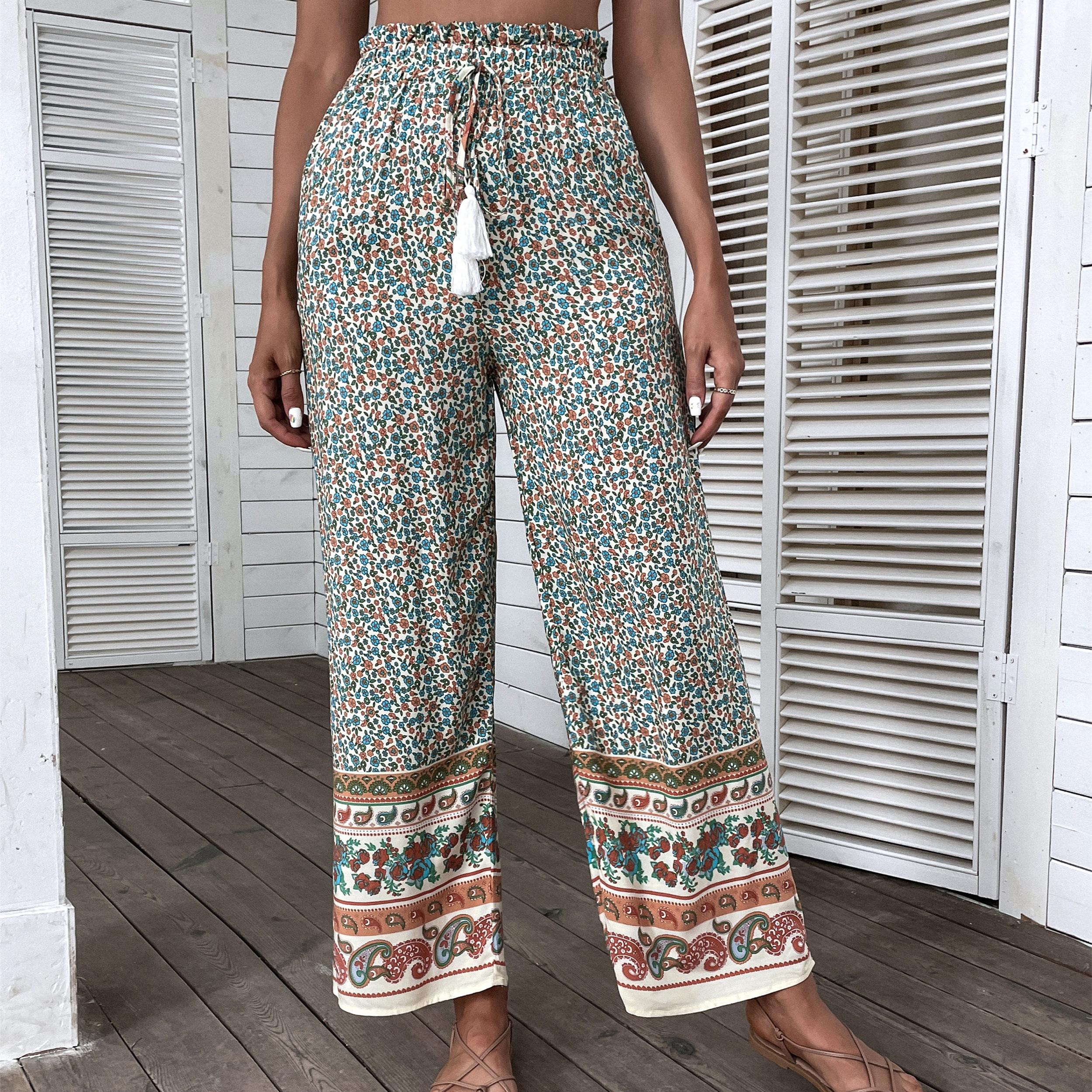 

YYFS женские винтажные повседневные брюки и капри с высокой талией в богемном стиле с цветочным принтом XXL зелёный