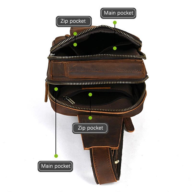 Single Shoulder Chest Bags Classic Retro Style Brown Genuine Leather Cowhide Men's Sling Bag Multiple Zippers Adjustable Strap