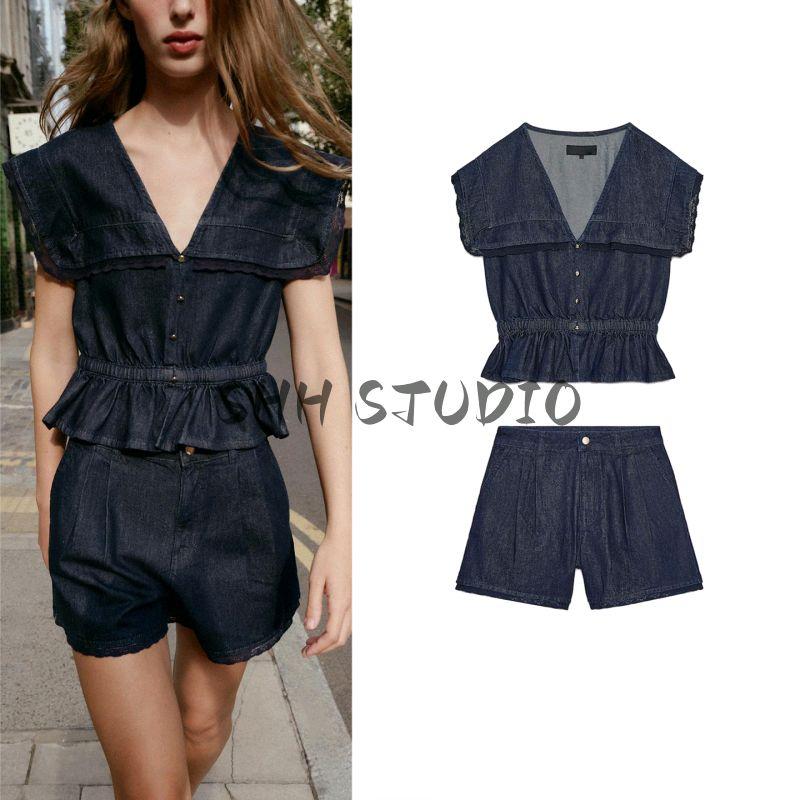V Neck Short Sleeve Lace Denim Shirt 6147155 High Waist Lace Denim Casual Shorts 6147159
