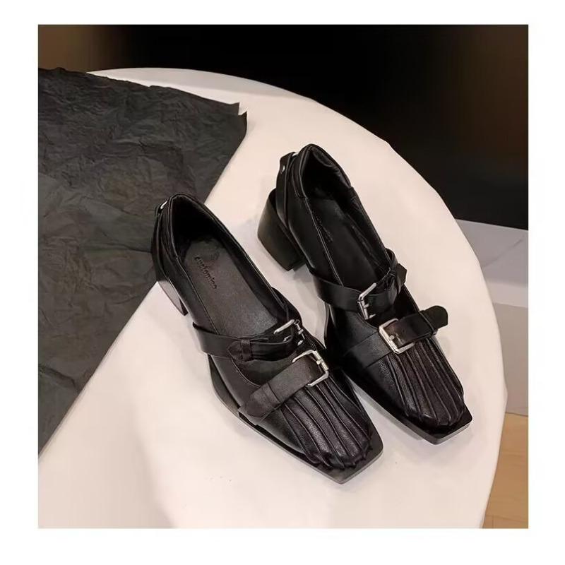 2026 Retro Pleated Square Toe Pumps Belt Straps Chunky Heel Mary Janes Shallow Solid Round Toe Women Leather Shoes British Style