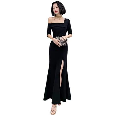 PHOLEEY Women's Long Party Dress, Tight Mermaid Dress with Slit, Long Length, Slimming Dress for Reunions and Concerts (Black, Size M)