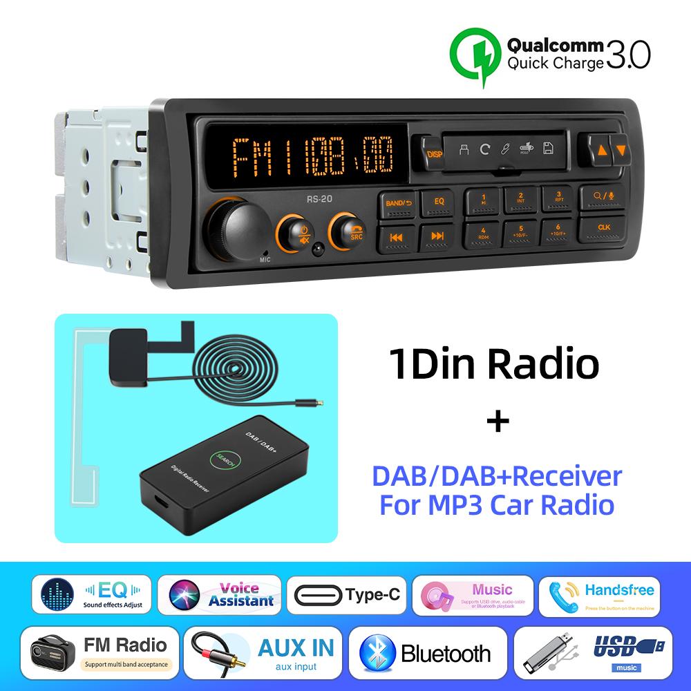 Retro MP3 Car Radio Player 1 DIN Stereo EQ FM AM RDS DAB Receiver QC3.0 Bluetooth USB AUX Input For VW Porsche Mercedes Benz BMW