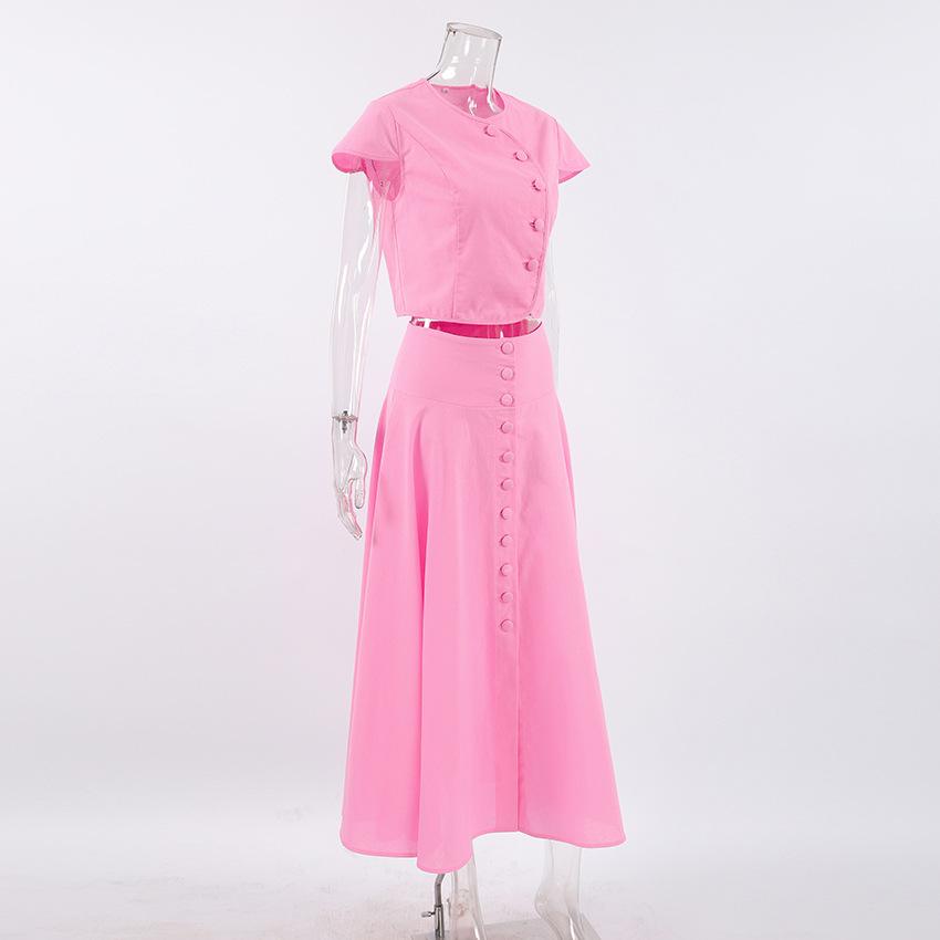 Women Vest Skirt Suit Solid Color O-neck Single Breasted Short Sleeve Short Top Button Wide Leg Skirts Female Summer Lady Beach Wears