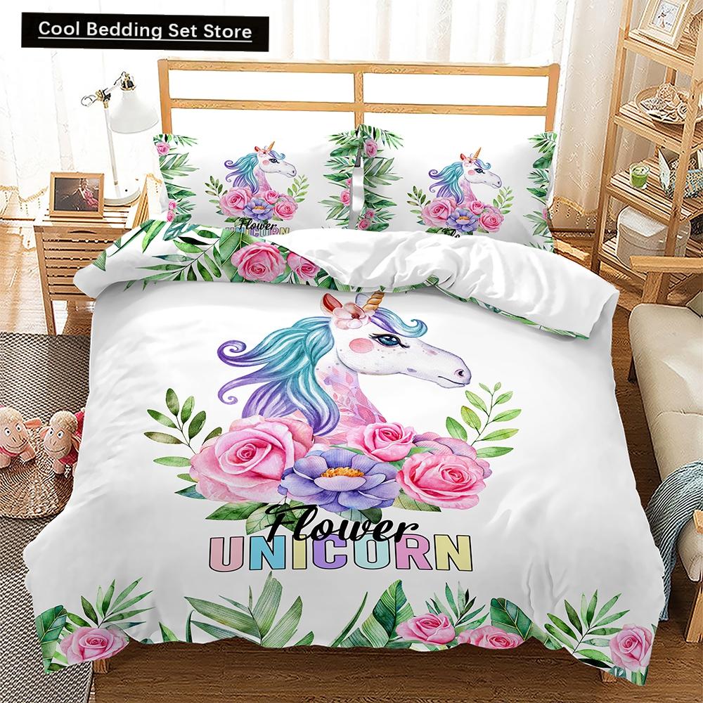 Sada ložního prádla s duhovým jednorožcem Kawaii Kreslené zvířecí ložní prádlo pro děti Dívky 2/3ks Velikost Twin Single Double Queen Sady povlaků na přikrývku