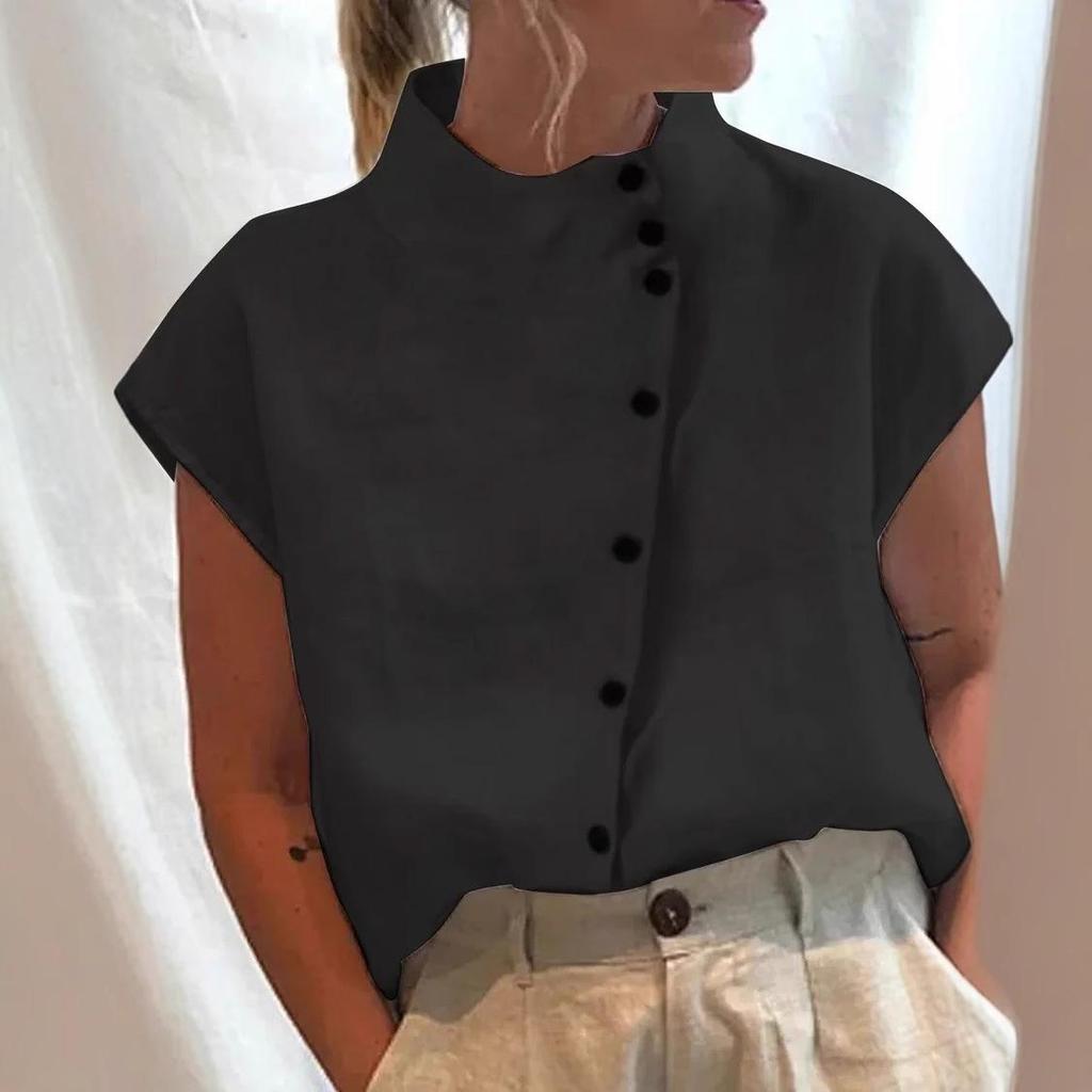 New Trendy Stand Collar Women's Short-Sleeve Button-Up Shirt