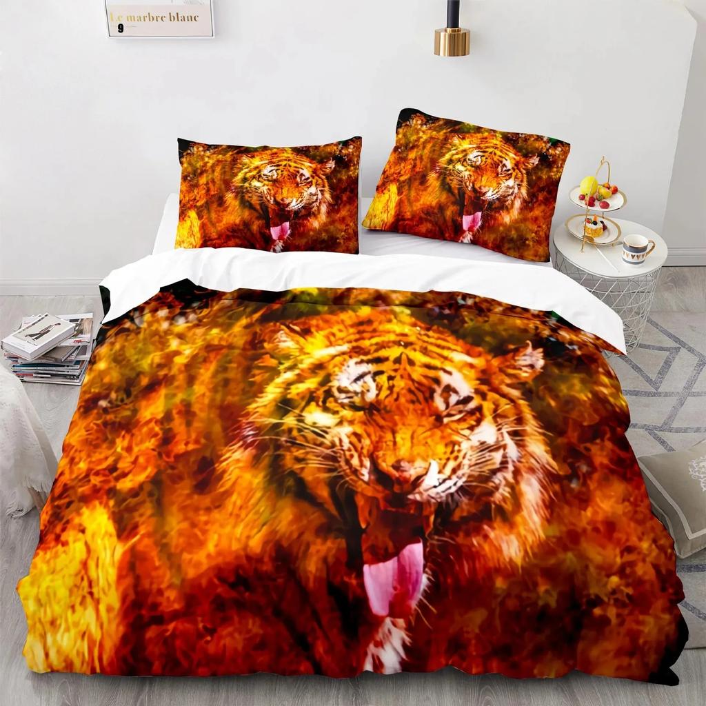 Flame Tiger 3D Bedding Set Cool Golden Duvet Cover Pillowcases Quilt Cover Gift Single Double Twin King Queen Polyester