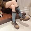 Mid Calf Denim Boots Women  Autumn Retro Chunky Platform Long Boots Woman Slip On Thick Heels Cargo Boots Pocket Decor