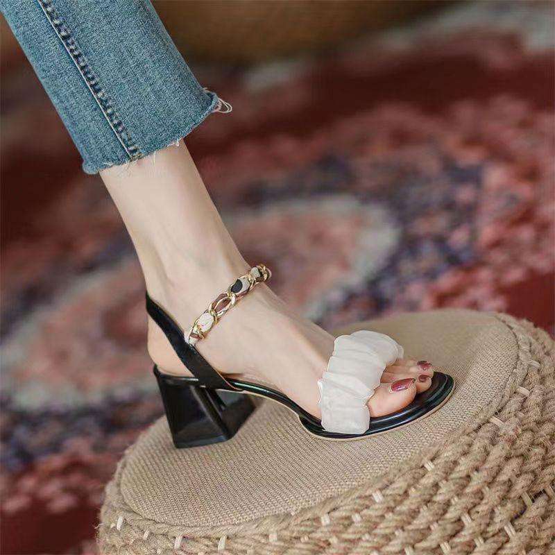 

Real soft leather sandals female 2025 summer new fairy style with skirt word with thick heel comfortable versatile high heels 40 чёрный