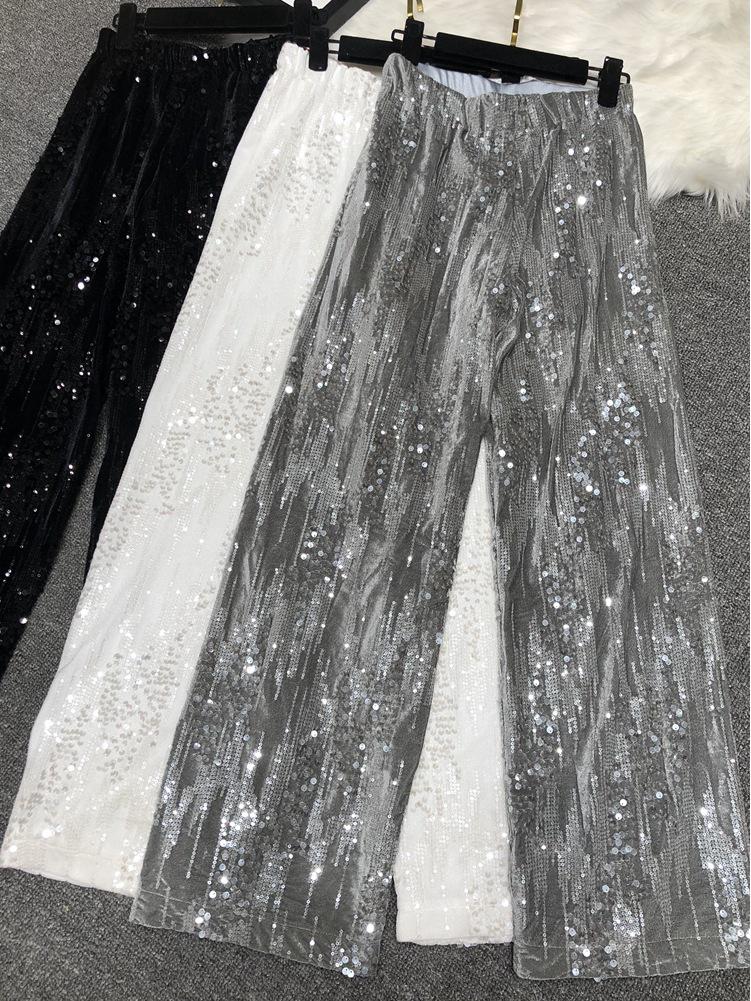 Pantaloni lungi cu paiete brodate, toamnă 2022, piele de căprioară lucioasă, cu picior larg