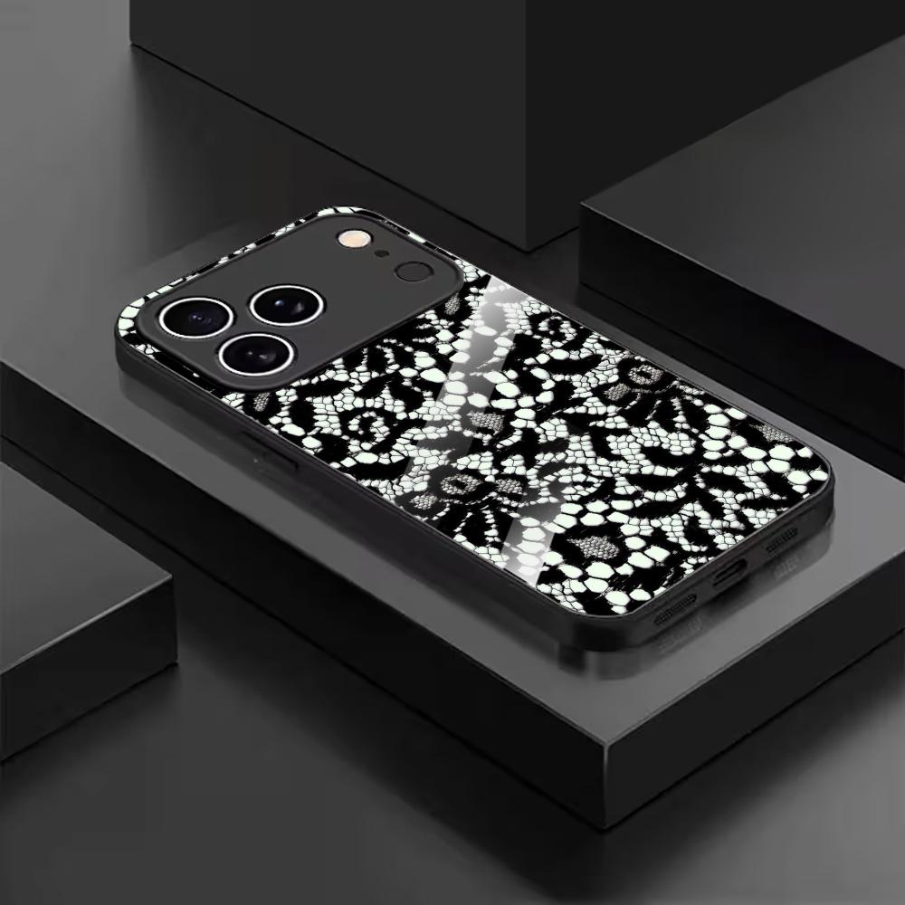 Black & White Floral Lace Glass phone case mobile phones for iphone 17 pro max cover for iPhone 17 16 15 14 13 12 11pm Pro Plus
