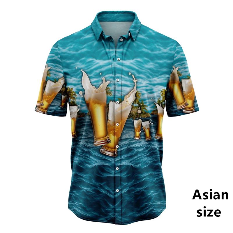 Beer Graphic Harajuku Shirts For Men 3D Print Short Sleeve Tees Summer Hawaiian Holiday Style Button Up Tops Woemn Lapel Shirts