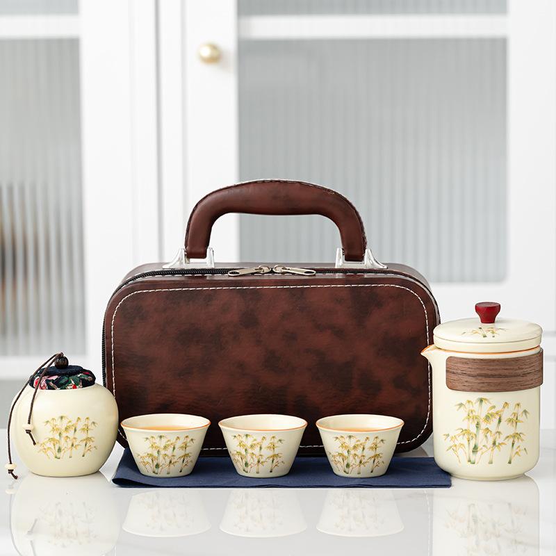 Golden Silk Bamboo Rhyme High-end Express Customer Huang Ru Kiln Travel Tea Set Ceramic Set Business Trip Business Car Express Cup