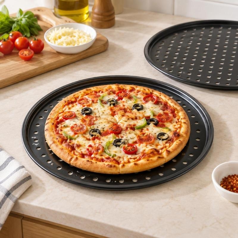 Carbon Steel Pizza Baking Pan Set of 2, Round Perforated Trays with Nonstick Finish for Pizza, Savory Pastry, Fruit Pastry and Oven Vegetables