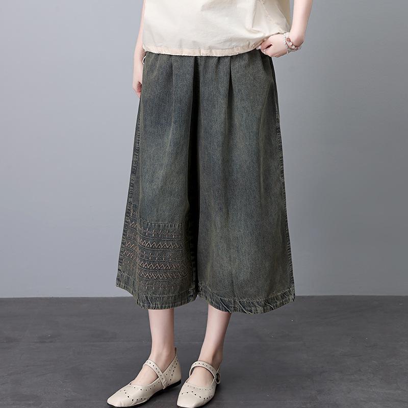 Pantaloni de damă retro brodați cu picior larg din denim cu șnur, talie înaltă, croi scurt pentru vara 2024