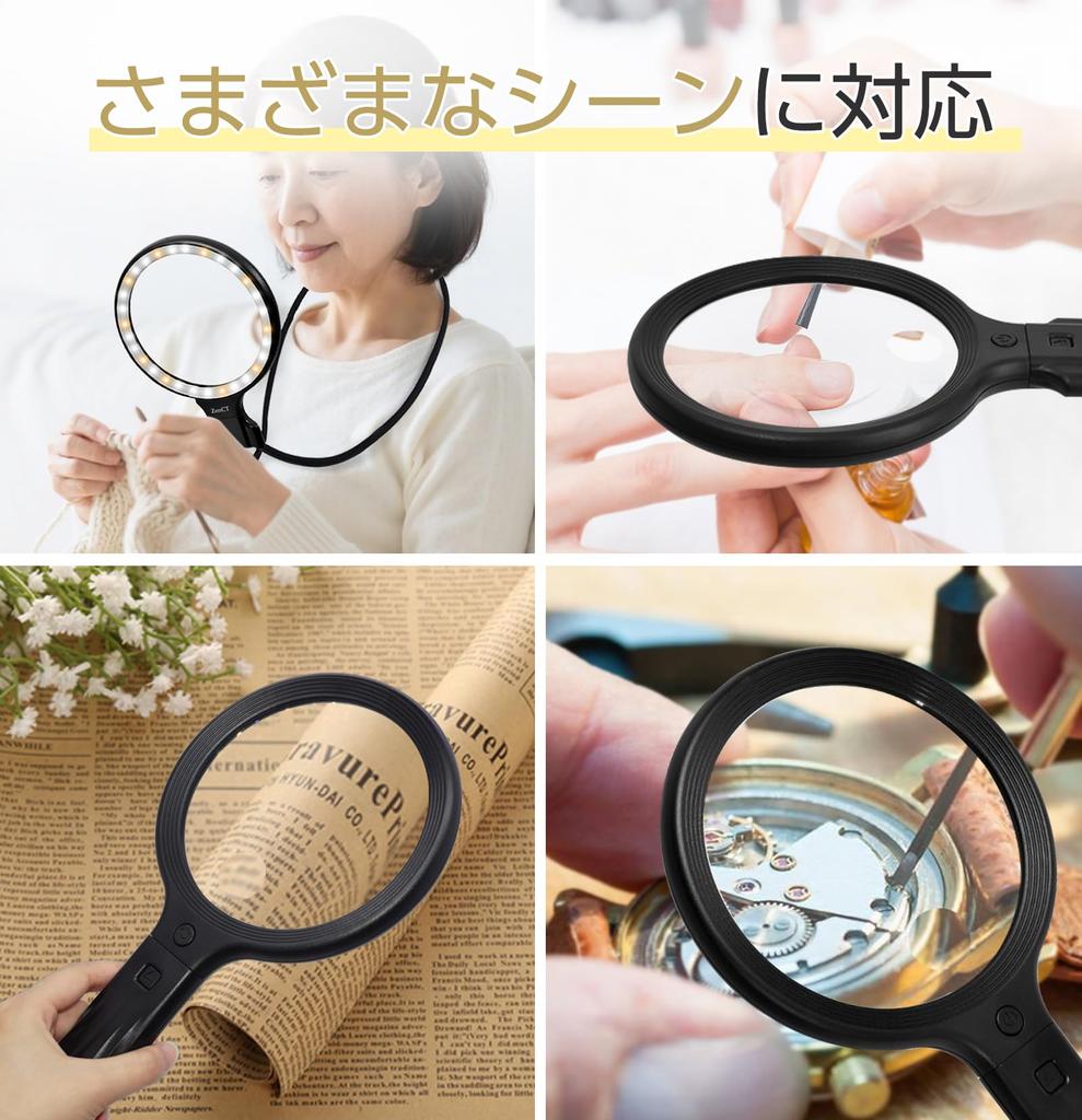 ZenCT Magnifying Glass, Neck Strap & Handheld, 5x & 10x Magnification, 13.2cm Diameter, Type-C Rechargeable, 30 LED Lights, 3 Color Temperatures, 2