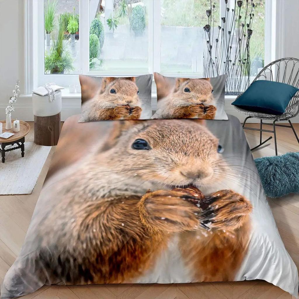 Cute Squirrel Duvet Set 3D Animal Theme Bedding Set Three-Piece Set