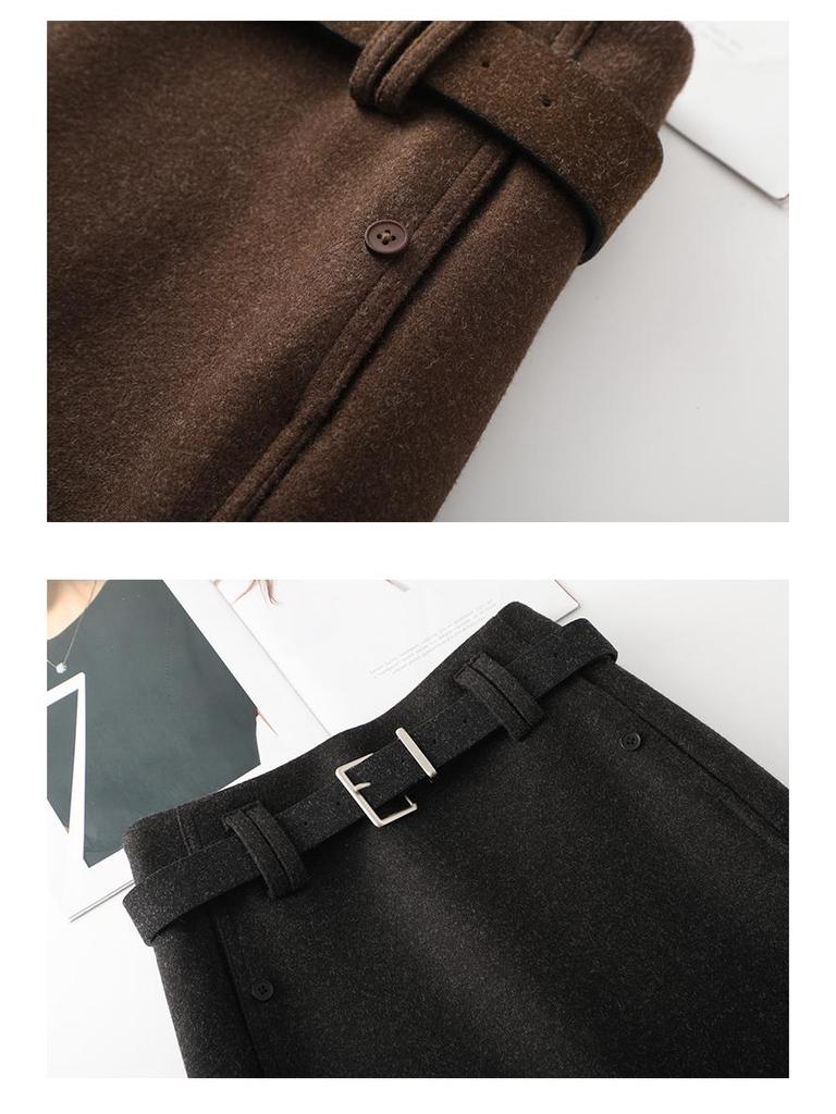 Elegant Woolen Coffee Midi Skirt - Women's Autumn/Winter 2025, Thickened Professional Design, Versatile Style