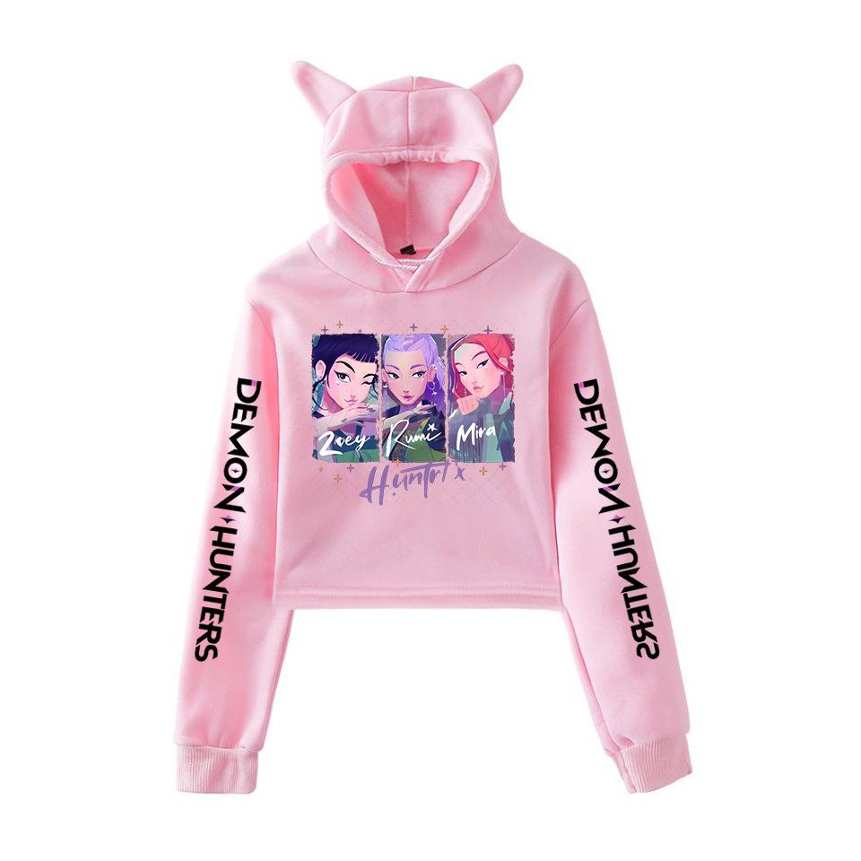 KPop Dämonenjäger Hoodie Mode Katzenohren Damen Sweatshirt Langarm Pullover Kapuzenpullover Mädchen Cartoon Crop Tops Damenbekleidung