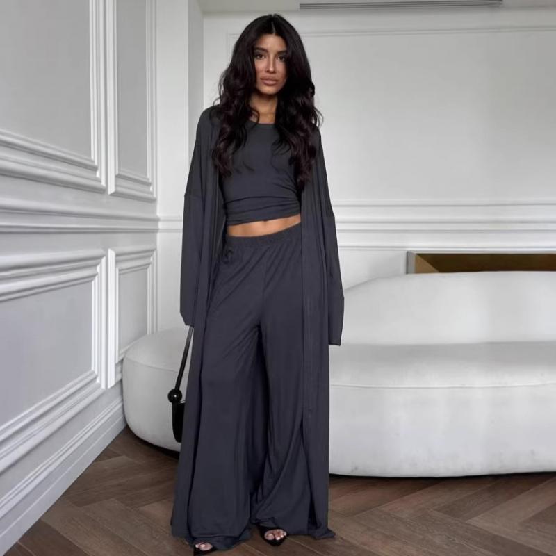 2026 Summer New Casual Cardigan Jacket, Camisole, Wide-Leg Pants Three-Piece Set for Women