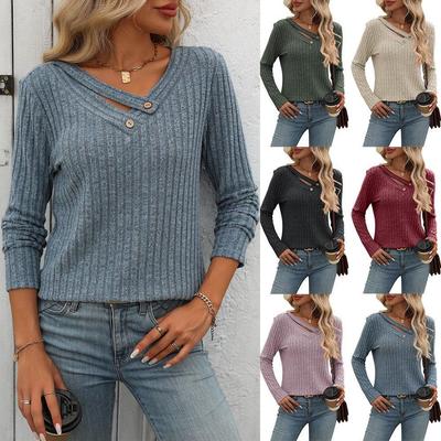 Herbst/Winter Damen V-Ausschnitt Knopf T-Shirt