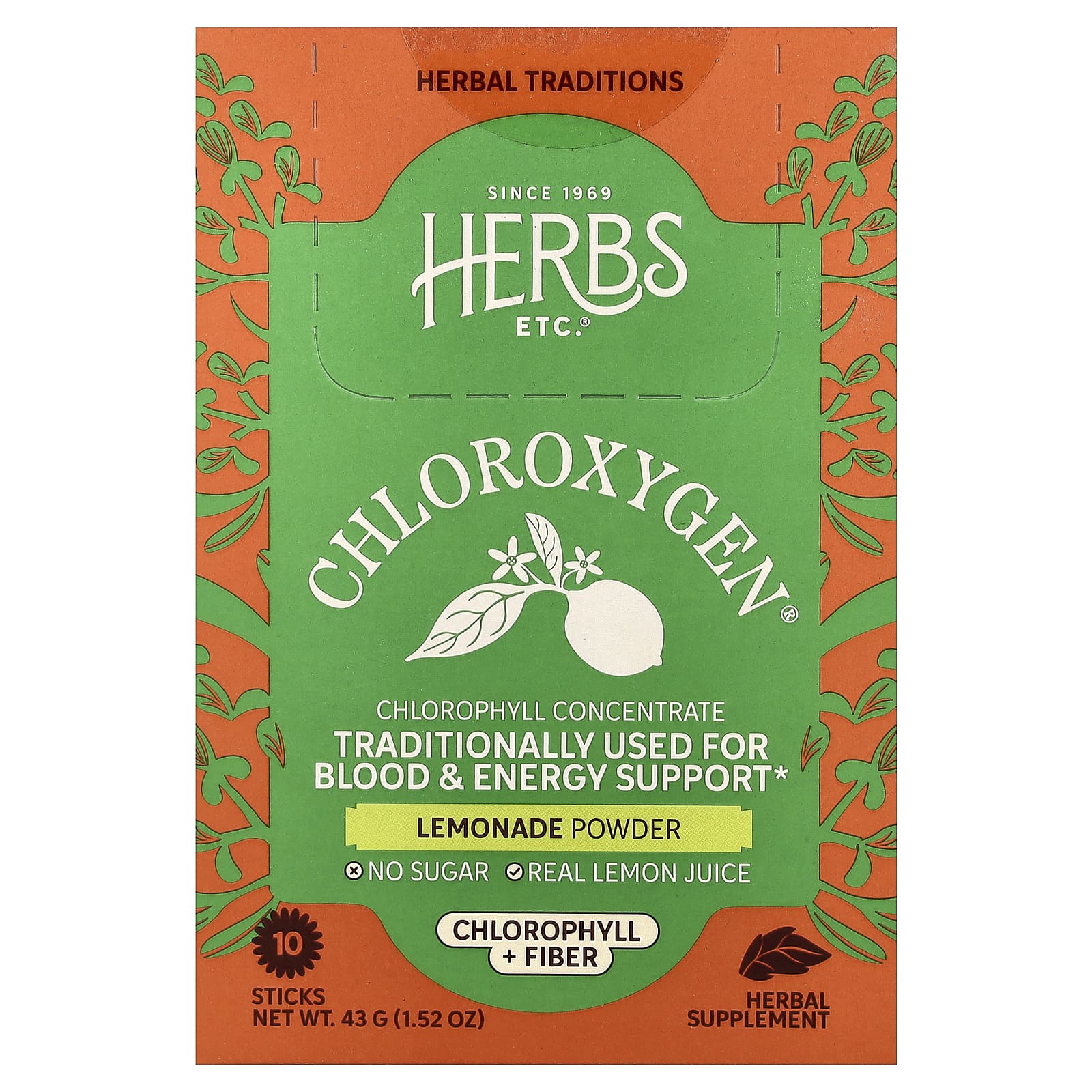 Herbs Etc., ChlorOxygen®, Chlorophylle + Poudre de Fibres Alimentaires, Limonade, 10 Bâtonnets, 4,3g (0,15 oz) chaque