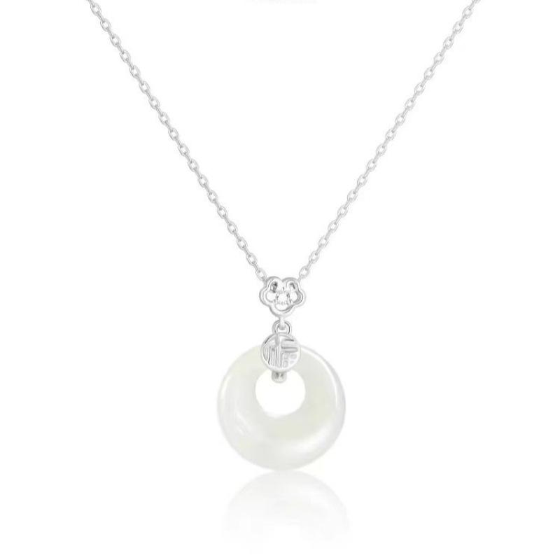 S925 Sterling Silver Fu Character Hetian Jade Necklace for Women - New Chinese Style Pendant Gift for Girlfriend