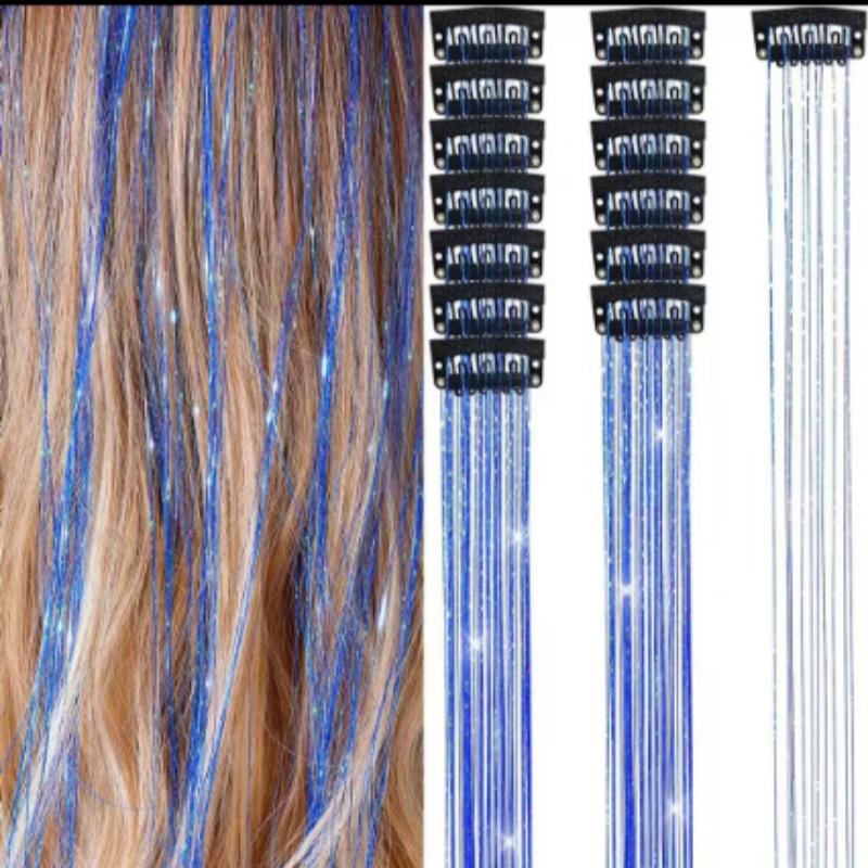 12pcs Clip-in Hair Extensions – Holographic Rainbow Straight Hair Pieces with Gold Thread, Heatless Colorful Highlights for Festival & Party