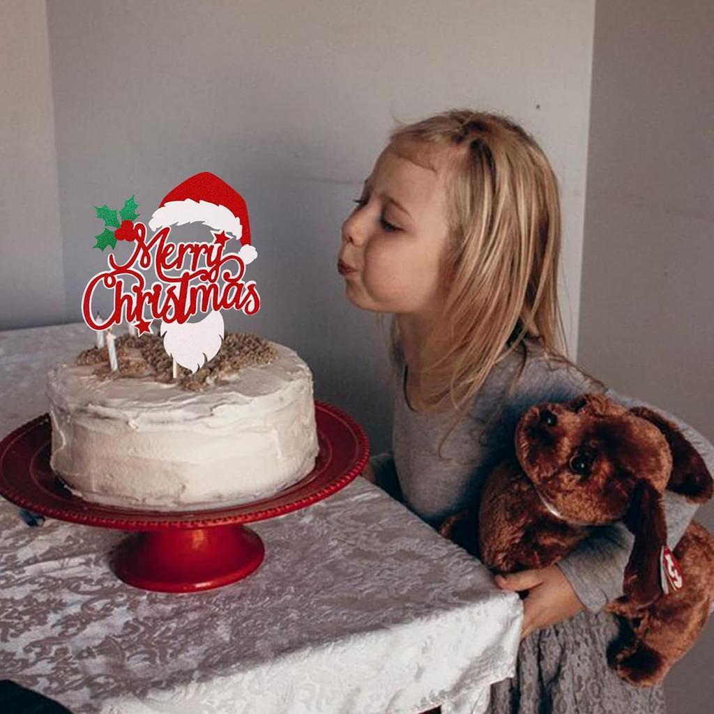1 Stück Frohe Weihnachten Cake Topper Glitzer Stechpalmenblätter und Beeren Weihnachtsmannmütze Bart Pick für Weihnachts-Thema Kuchen Dekorationen
