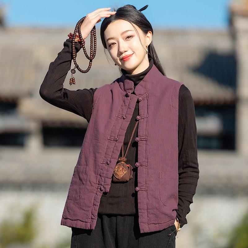 Johnature Women Vintage Coats Stand Sleeveless Button Solid Color Cloths Winter Button Coats
