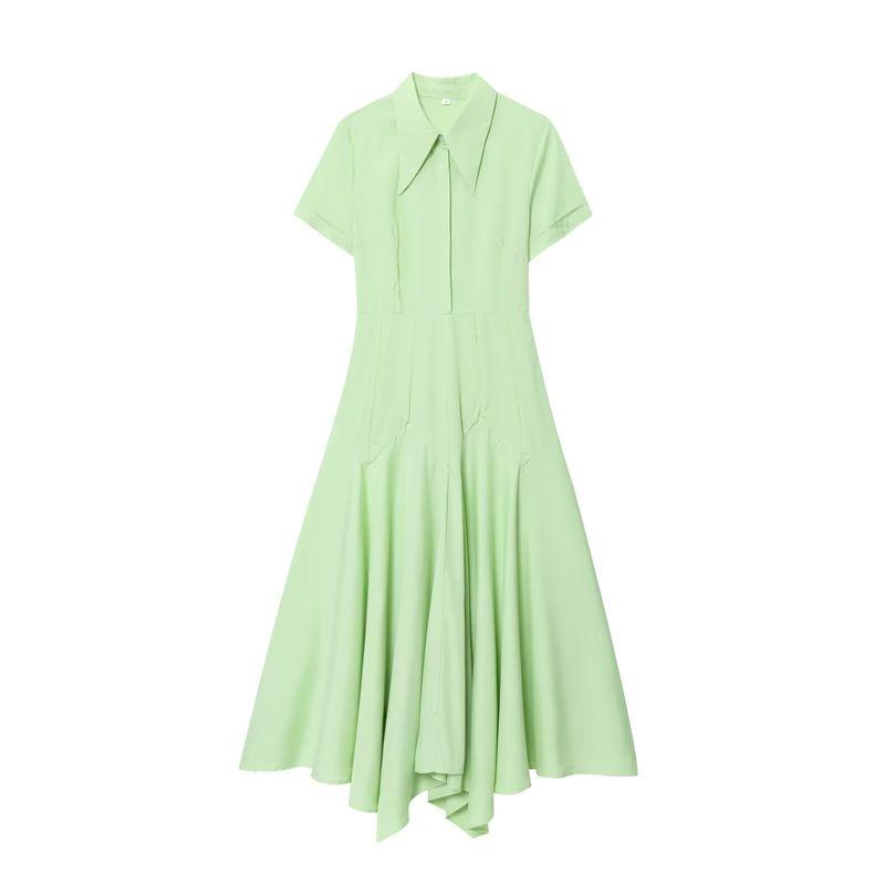 

Kaslead New Women clothes Western Style Fashion Simple Temperament Solid Short sleeve Dress Green L