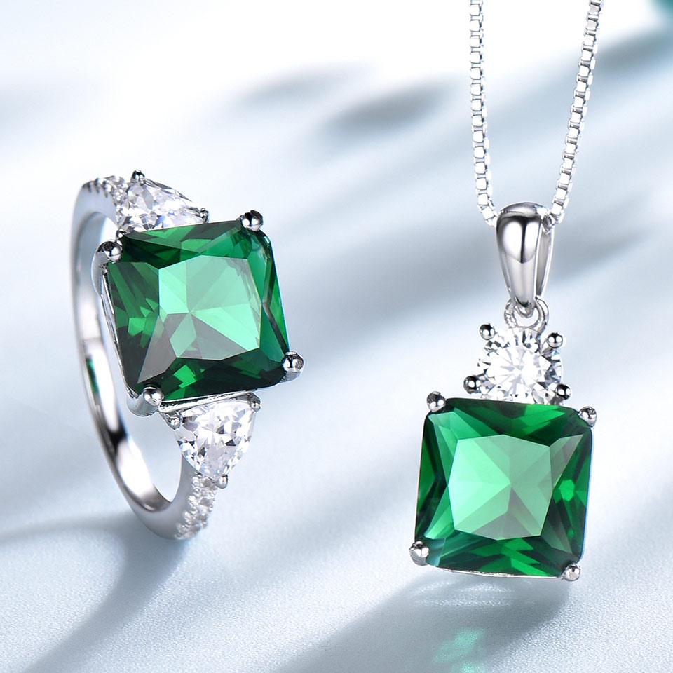 

Комплекты ювелирных изделий из стерлингового серебра 925 пробы для женщин, ожерелье с квадратным кулоном и зеленым цирконием, комплект колец 9 зелёный