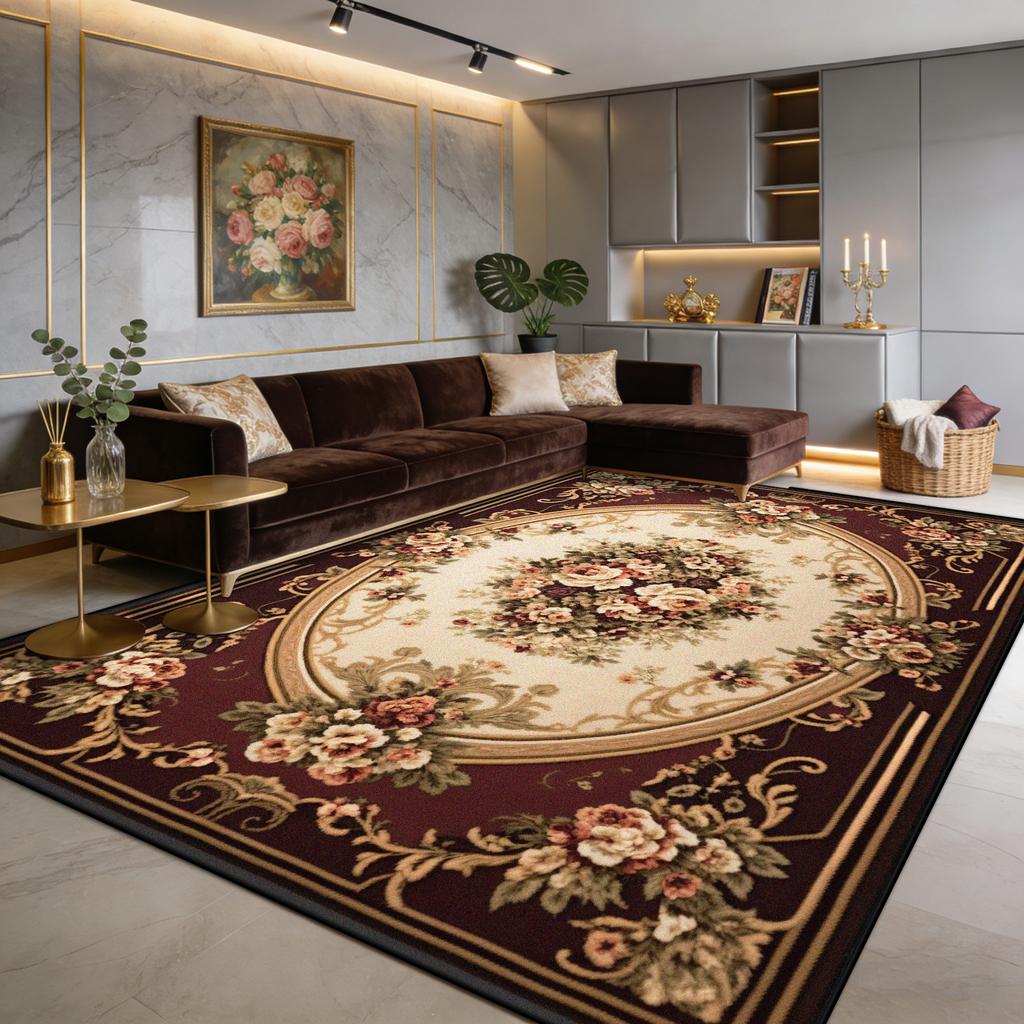 European Luxury Red Flower Fluffy Living Room Rug Easy Clean Soft Retro Tasting Area Carpet Large Area Non-slip Sofa Floor Mats