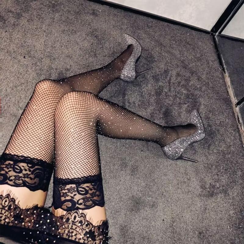 Sexy Sheer Fishnet Mesh Thigh High Stockings for Women Lace Top Sparkly Rhinestone Over Knee Long Socks Hosiery Lingerie