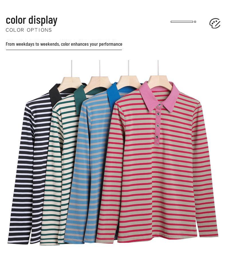 Women's Autumn Korean Style Striped Long Sleeve Lapel T-shirt - 95% Cotton, Button-Up, Slimming Fit