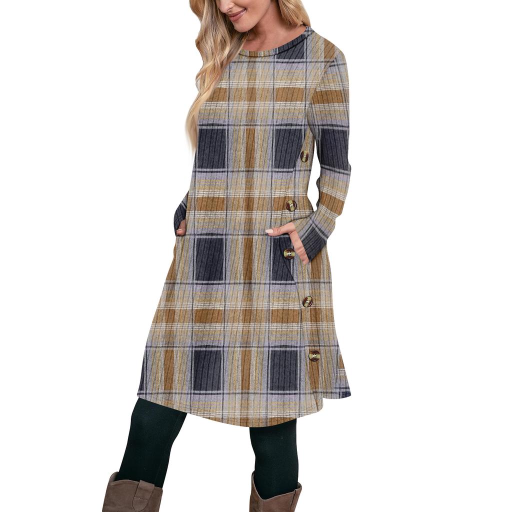 Women's Fashion Casual Long SleeveTunic Dress With Pockets Side Button Dress