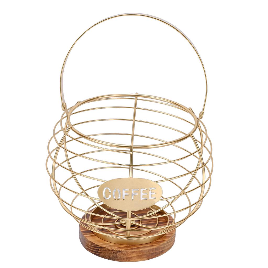 Coffee Pod Holder Organizer Metal Grid Coffee Pod Storage Basket with Wooden Base for Kitchen Counter Desktop
