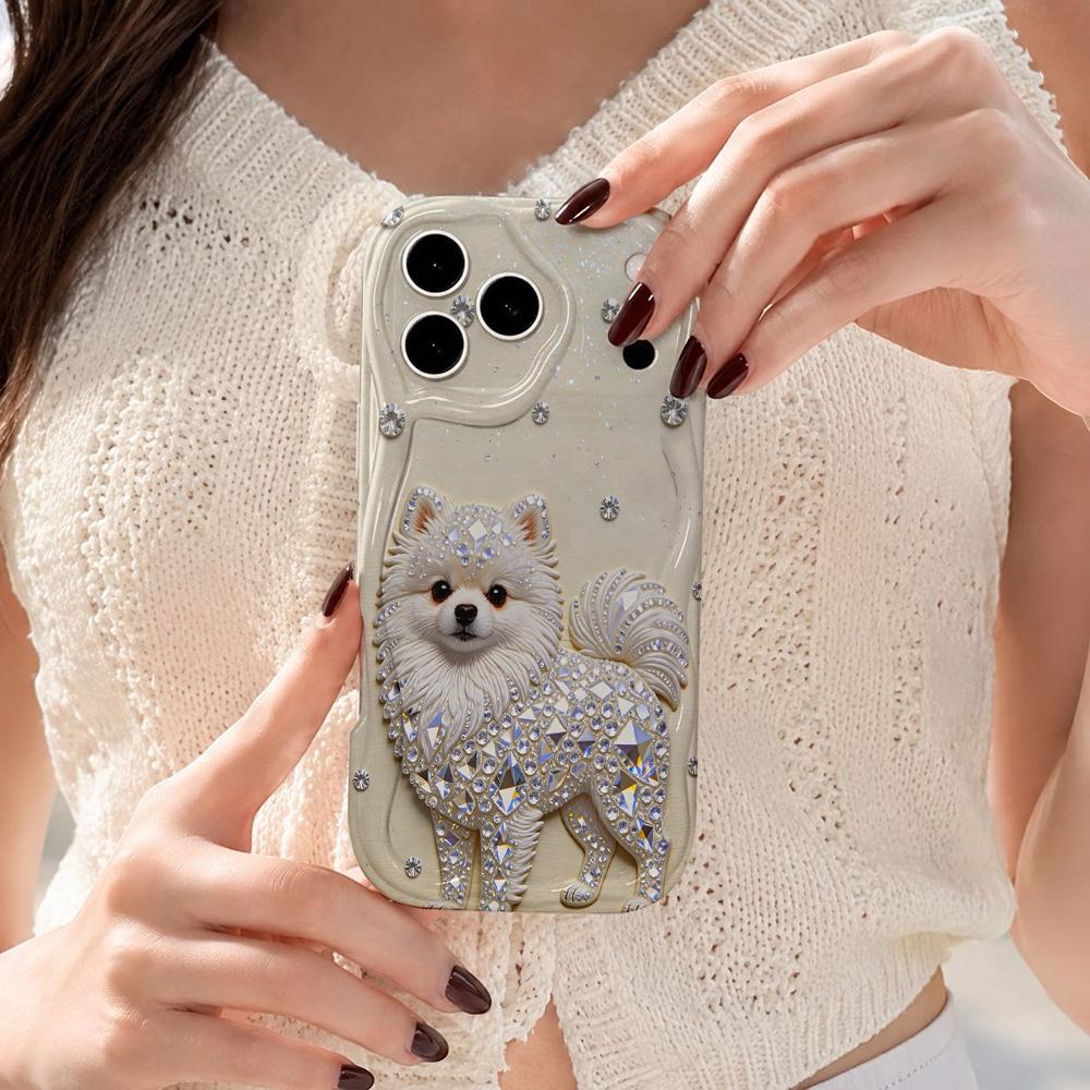Full Rhinestone Pomeranian Wavy Edge Phone Case For iPhone 17 16 15 14 13 12 11 8 7 Plus Pro Max Bling Dog Bumper Cover