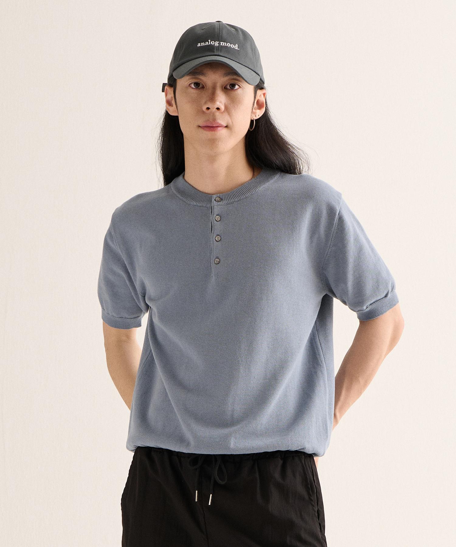 Analog Mood Formal Henley Neck Cooling Short Sleeve Knit (Sky Blue) Free