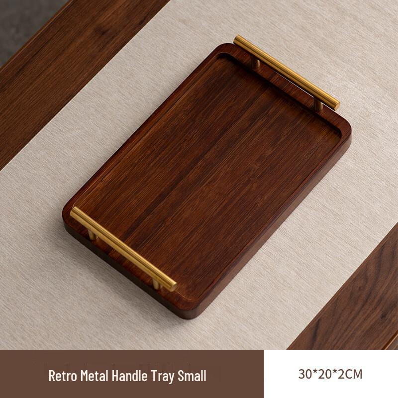 Japanese Style Rectangular Wooden Serving Tray with Metal Handles