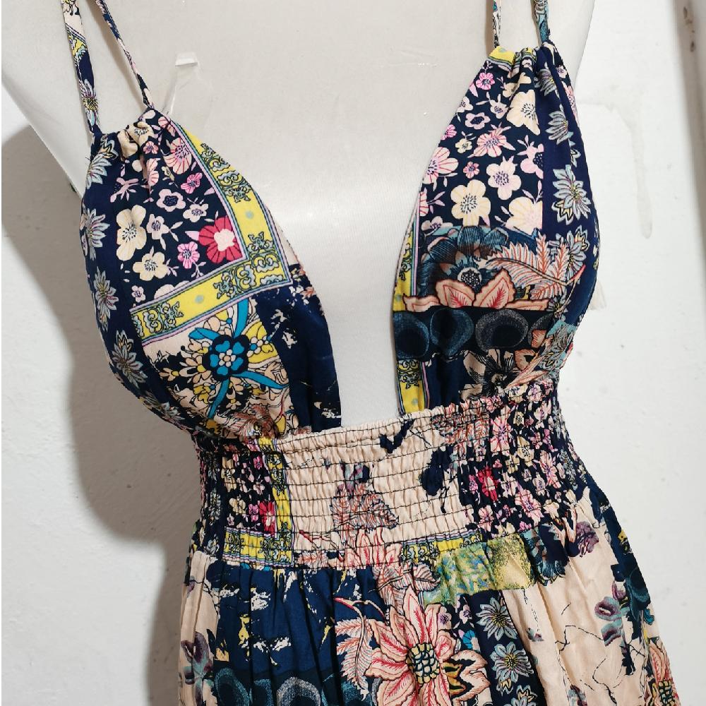 Spring Summer Deep V-neck Strap Dress Retro Vacation Beach Dress